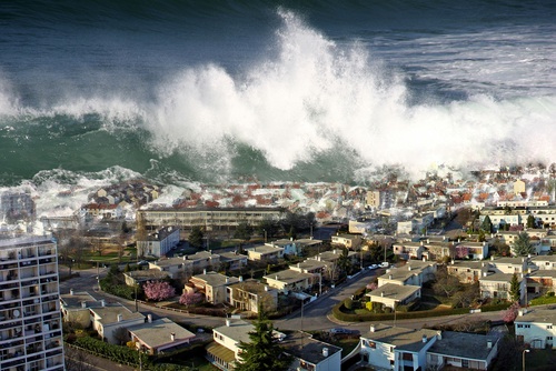 This image simulates a tsunami washing over a coastal village.</p srcset=